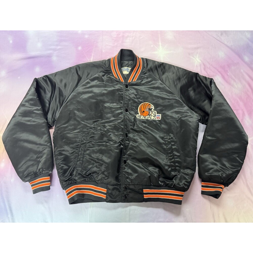 Vintage 80s Cincinnati Bengals NFL Chalk Line Satin Bomber Jacket Size Large L
